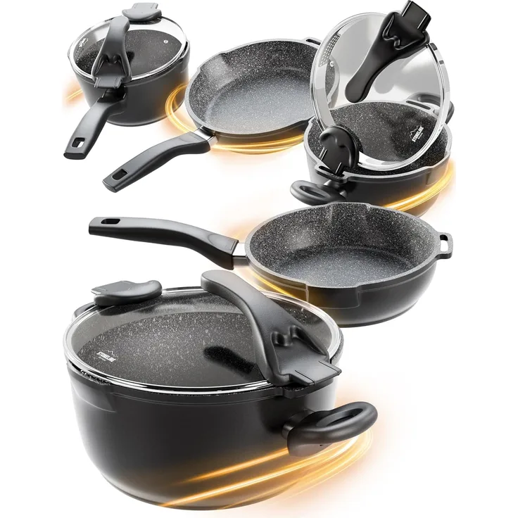 STONELINE Topf-Set Kochgeschirr-Set, mit Siebglasdeckeln, induktionsgeeignet (8tlg, grau), Aluminiumguss (Kochgeschirr-Set, 8-tlg, Kochgeschirr-Set, 2x Kochtopf, 1x Stielkasserolle, 2x Bratpfanne), mit echten Steinpartikeln, induktionsgeeignet, Designe...