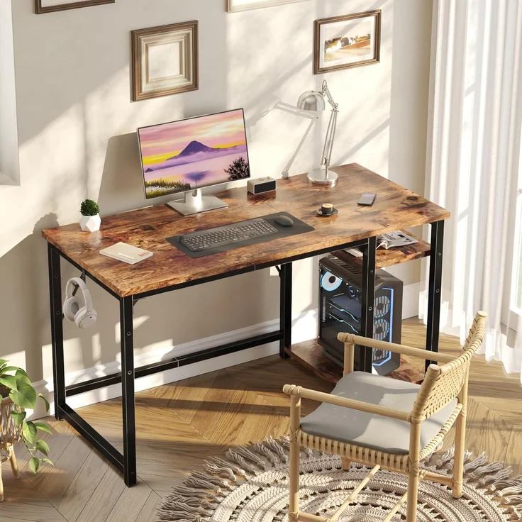 JUMMICO Schreibtisch 120cm mit Regalen, Tisch mit Stauraum, stabile Stahlkonstruktion – Rechts- oder Linksschreibtisch – Rustikales Braun – Bild 2
