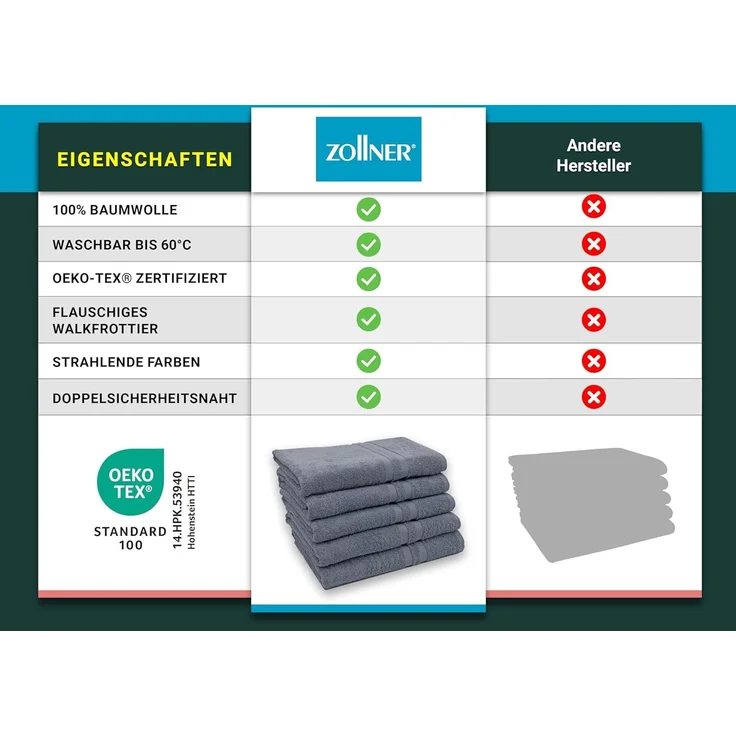 ZOLLNER 5er Set Duschtücher, 70x140 cm, 100% Baumwolle, grau – Bild 6