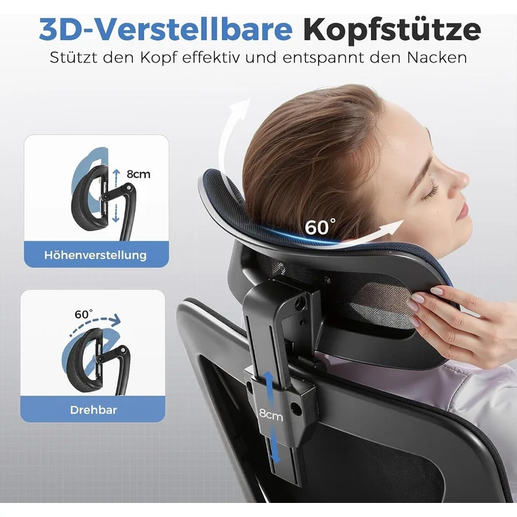 COMHOMA Bürostuhl Ergonomisch [TESTSIEGER], Schreibtischstuhl mit 3D-Kopfstütze & 3D-Lendenwirbelstütze, verstellbare Armlehnen, Office Chair mit Wipp- und Kippfunktion,Belastung bis 150KG, Schwarz – Bild 3