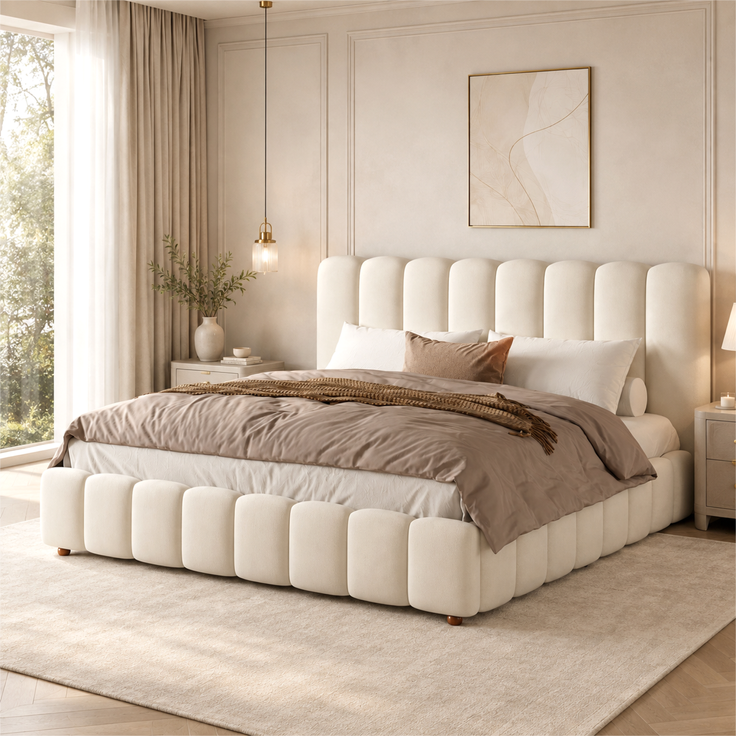 Merax Polsterbett, Doppelbett, 200*200cm, Bett mit Lattenrost und gepolstertes Kopfteil, Beine aus Massivholz, beige, samt