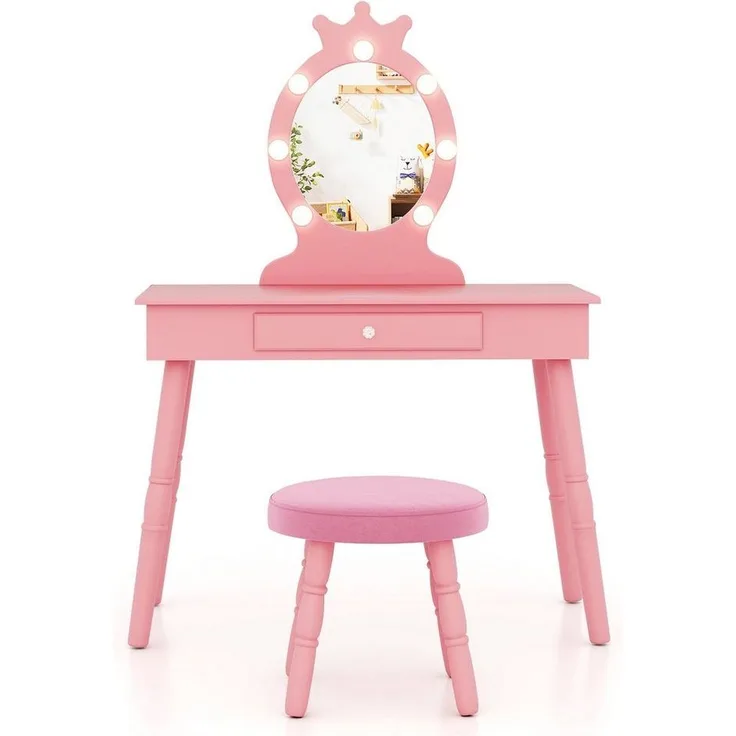 COSTWAY Kinder Schminktisch mit Hocker, abnehmbarem Spiegel und LED-Beleuchtung, Holz weiß, 34 x 70 x 100 cm