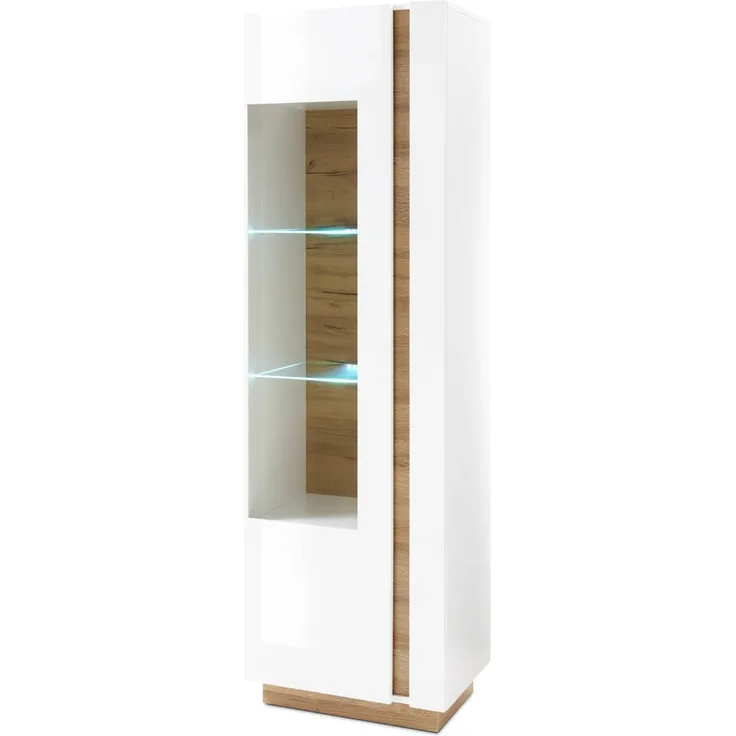 Standvitrine mit Beleuchtung CELLE-61 in weiß Glanz und Grandson Oak Eiche Nb, B/H/T ca. 60/194/40 cm