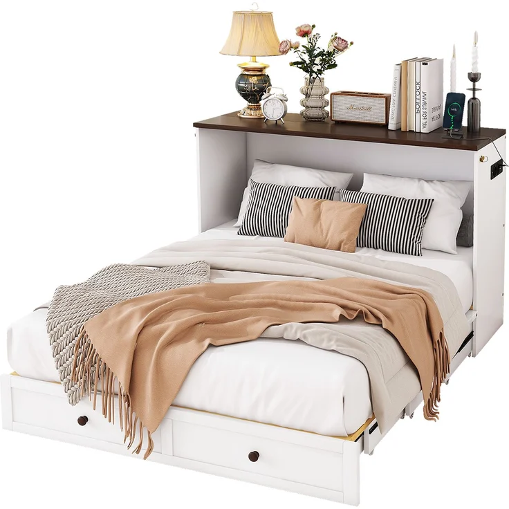 Schrankbett 140x200 cm mit Schublade und Regal, Klappbett mit integriertem USB-Anschluss und Steckdose, Bett mit Stauraum und Regalablag – Bild 7