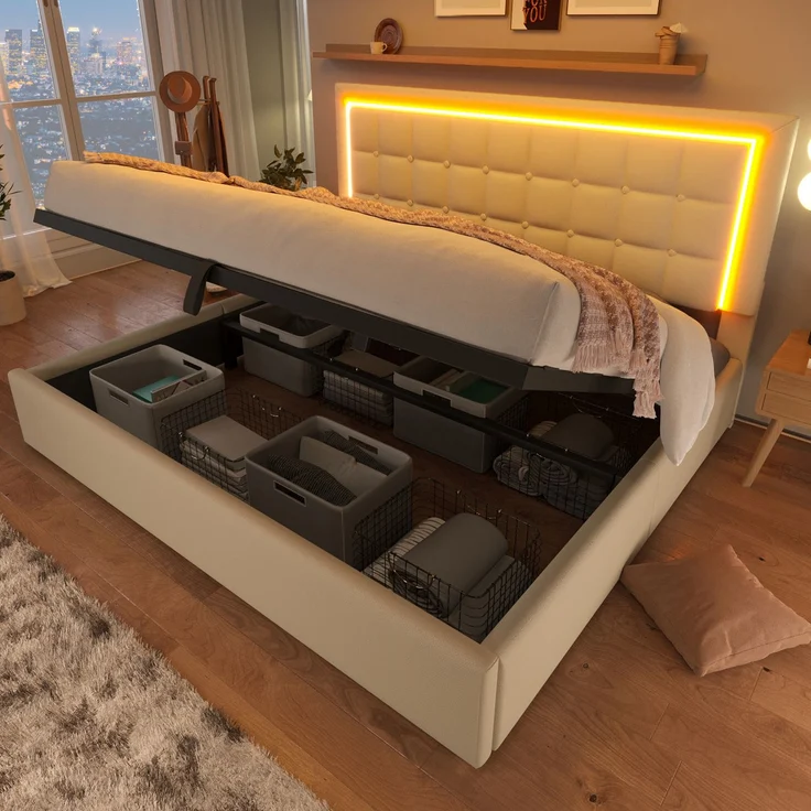 Merax Polsterbett, 180x200cm Doppelbett inkl. LED-Beleuchtungsleiste, Stauraumbett Funktionsbett Bezug aus Kunstleder Weiß – Bild 2