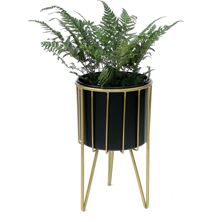 DanDiBo Blumenhocker mit Topf Metall Gold Schwarz Rund M 40 cm Blumenständer 96039 Blumensäule Modern Pflanzenständer Pflanzenhocker