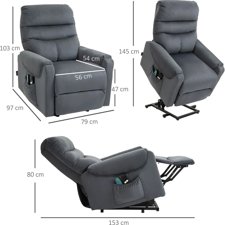 Wohnora-Fernsehsessel mit Aufstehhilfe Elektrisch, Massagesessel mit Liegefunktion und Wärmefunktion, Relaxsessel mit Fernbedienung und Seitentasche Verstellbar Polyester-Gewebe Dunkelgrau,H 1100cm x T 830cm x B 930cm – Bild 4