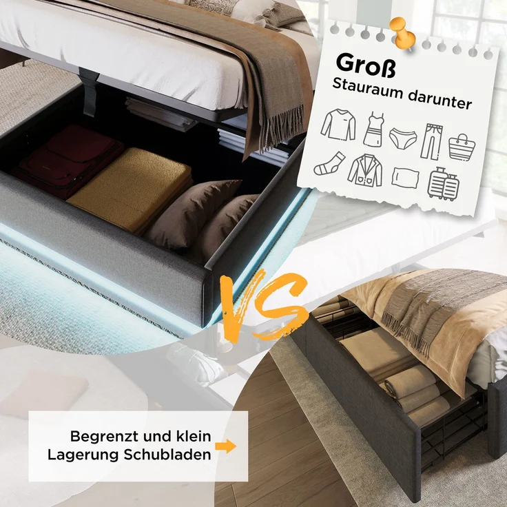 Polsterbett 90x200 cm Grau mit 3-seitiger LED-Beleuchtung, Wingback Kopfteil & USB Typ-C Ladefunktion,hydraulischer Stauraum – Bild 7