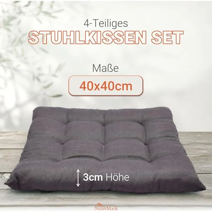 NatureMark 4er Set Stuhlkissen mit Bändern Gr. 40x40 cm Sitzkissen gefüllt, Anthrazit grau – Bild 3