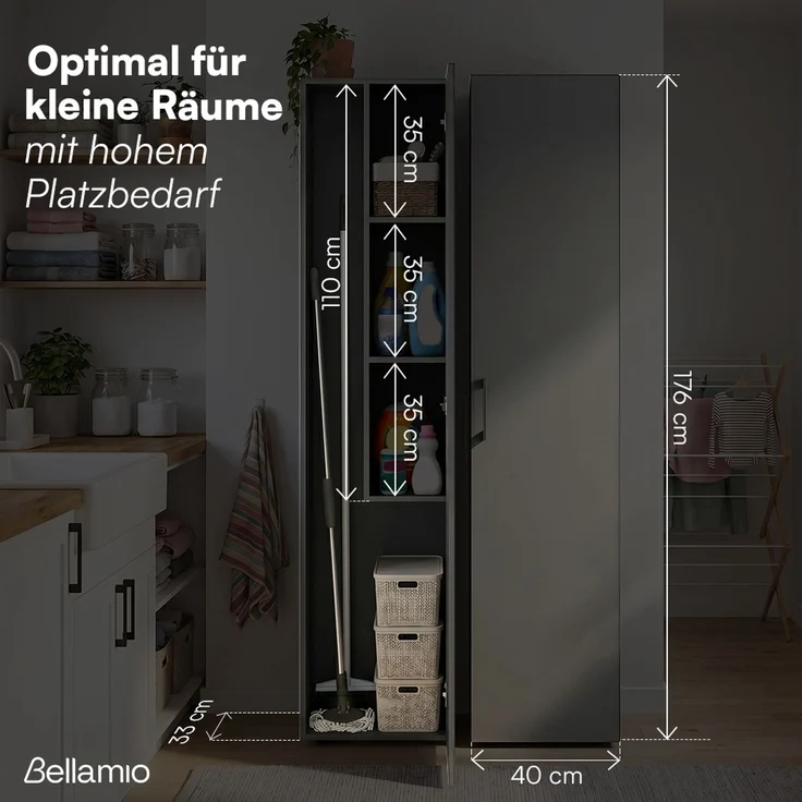Bellamio 'Apol' Mehrzweckschrank schmal, schwarz, 176x33x40 cm, Besenschrank mit Staubsaugerfach und 3 kleinen Fächern – Bild 6