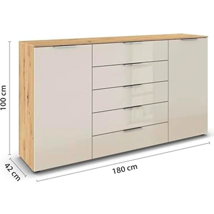Rauch Möbel Flipp, Kommode für Schlafzimmer, Kinderzimmer, Wohnzimmer, Jugendzimmer, Flur, Garderobe, 2-türig, 5 Schubladen, mit Softclose-Funktion, Farbe Eiche Artisan, Holz/Glas Beige, Breite 180 cm – Bild 4