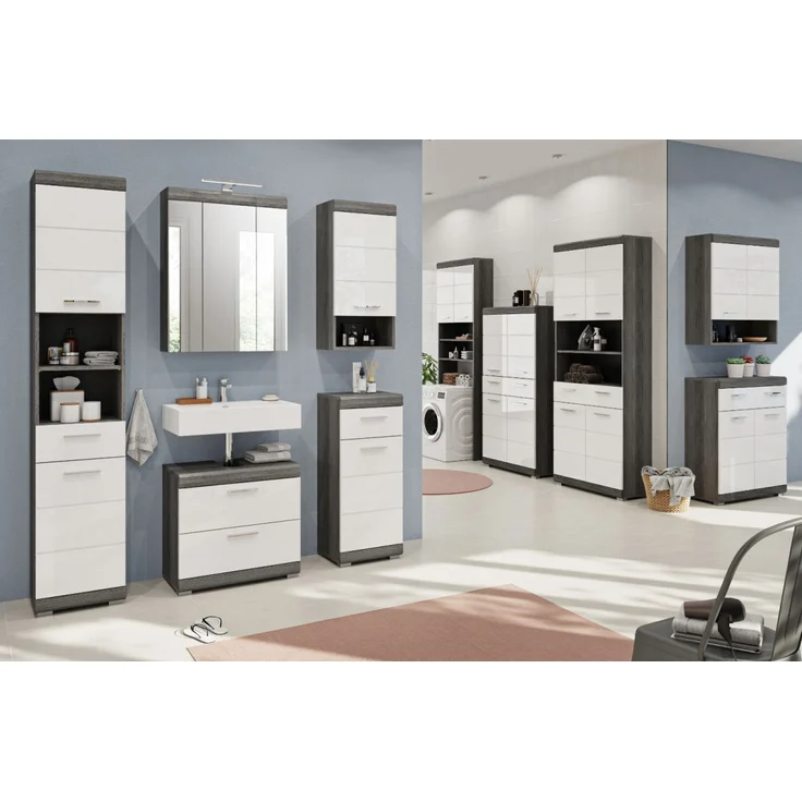 Badezimmer Hochschrank Shawn in weiß Hochglanz und Rauchsilber grau 74 x 191 cm – Bild 6