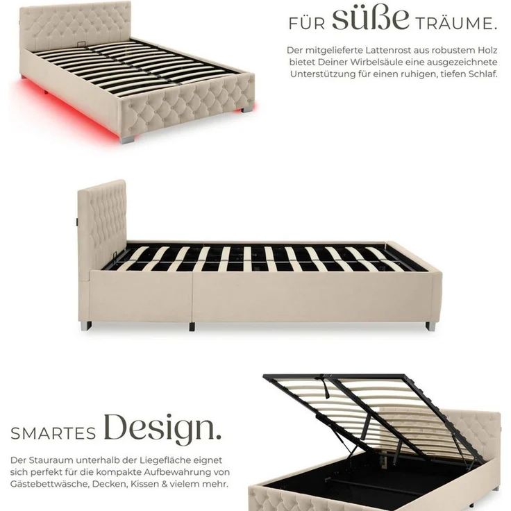 tectake Polsterbett Komfortbett mit LED-Leisten & Stauraum - Samtoptik mit Steppmuster (Bettset, in Samtoptik Sand), stabiler Stahlrahmen, Belastbarkeit 250 kg – Bild 2