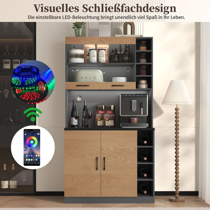 100x47x187cm, Küchenschrank, Buffet mit LED-Ambiente-Beleuchtung und Kabellöchern, Küchen-Highboard aus Holz, großer Platz für Mikrowelle, freistehend, höhenverstellbare seitliche Ablagefächer – Bild 2