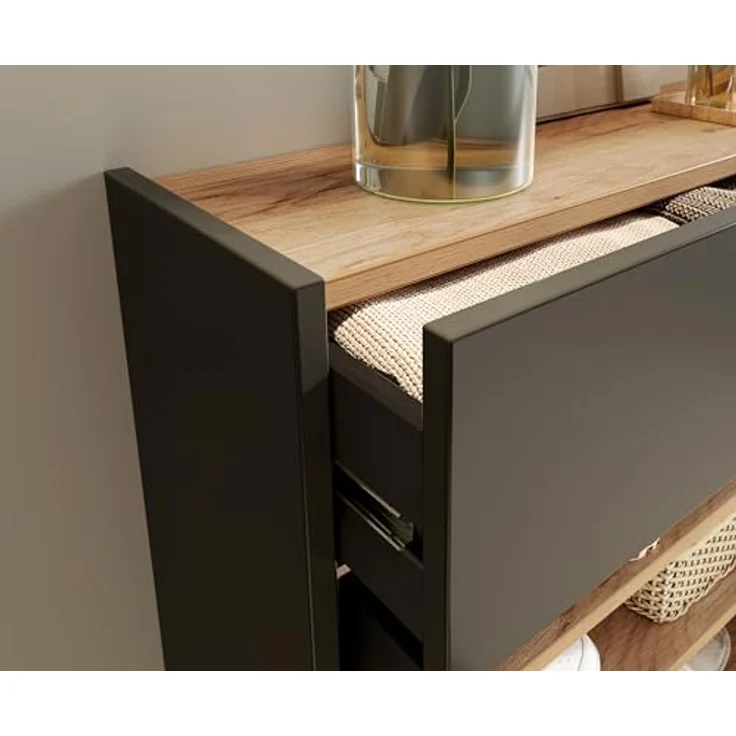 XXXL GW-Ameca Garderobe, 2-teilig in Graphit und Eiche mit Schuhschrank und Spiegel, 56x200x22 cm – Bild 3