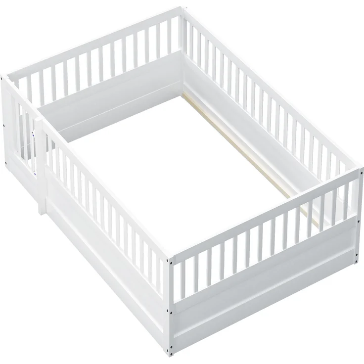 Kinder Bodenbett aus massivem Kiefernholz 140x200 cm mit Zaun & Tür,sicheres Spielbett,offenes Hausbett,Weiß – Bild 6