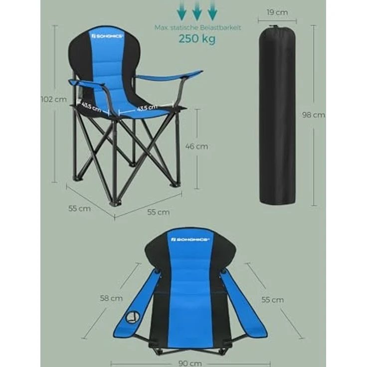 SONGMICS Campingstuhl, klappbar, Klappstuhl, komfortabler mit Schaumstoff gepolsterter Sitz, mit Flaschenhalter, hoch belastbar, max. Belastbarkeit 250 kg, Outdoor Stuhl, blau GCB06BU – Bild 3