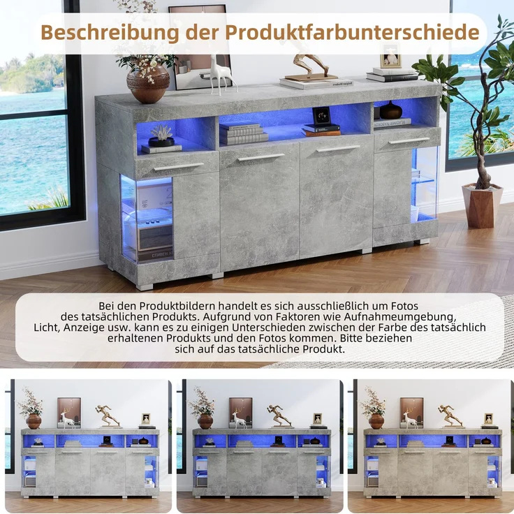 DESVIAE Sideboard mit LED-Beleuchtung und Glastüren, 140x70x40 cm, MDF und Spanplatte, Grau – Bild 4