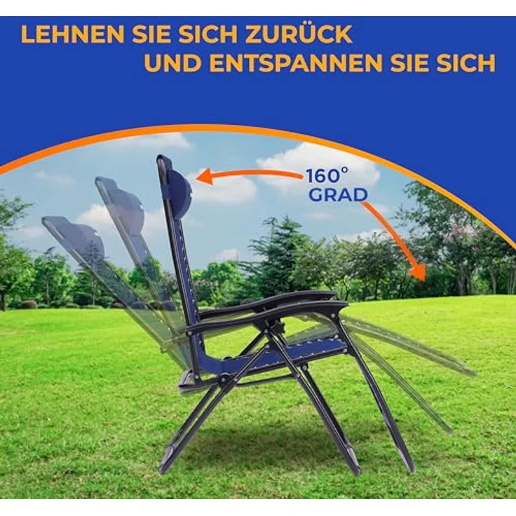 SereneLife Gartenliege Wetterfest, Sonnenliege Klappbar & Verstellbar als Liege, Sonnenstuhl als Gartenbett, Deckchair 2er Set Dunkelblau, Klappliegestuhl mit Seitentisch, Kopfkissen & Getränkehalter – Bild 5