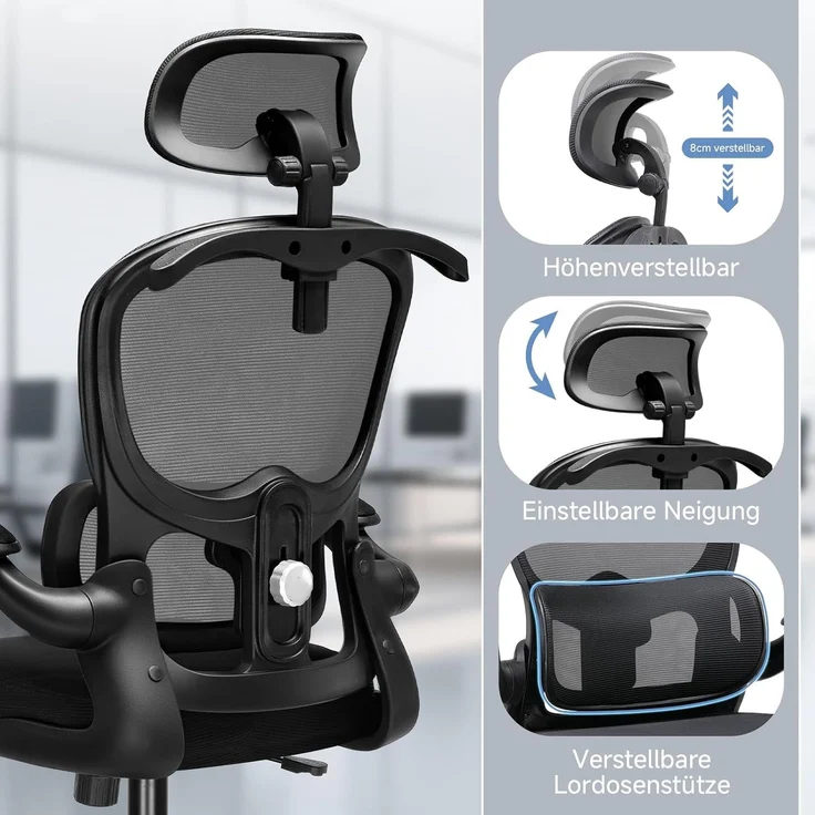 COMHOMA Bürostuhl Ergonomischer Schreibtischstuhl mit 3D Kopf- und Lendenwirbelstütze (Packung), verstellbare Kopfstütze und Armlehnen, Höhenverstellbar – Bild 4