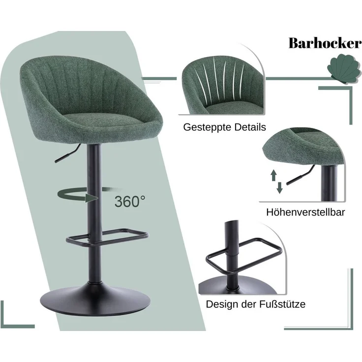 WAHSON OFFICE CHAIRS Barhocker höhenverstellbar drehbar Barstuhl aus Handtuchstoff 2er Set – Bild 3