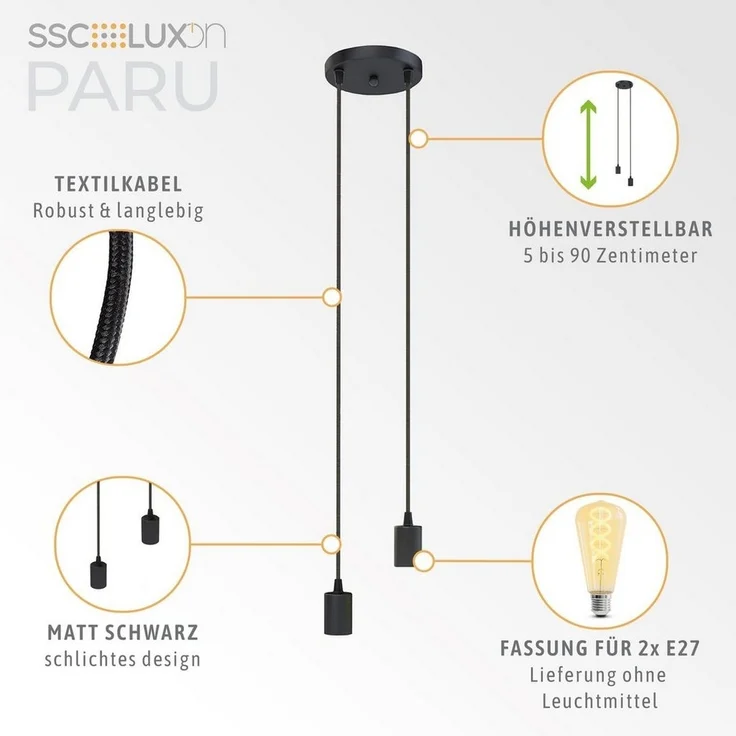 SSC-LUXon LED-Hängeleuchte PARU Pendelleuchte 2-flammig schwarz Textilkabel E27 Fassung – Bild 2