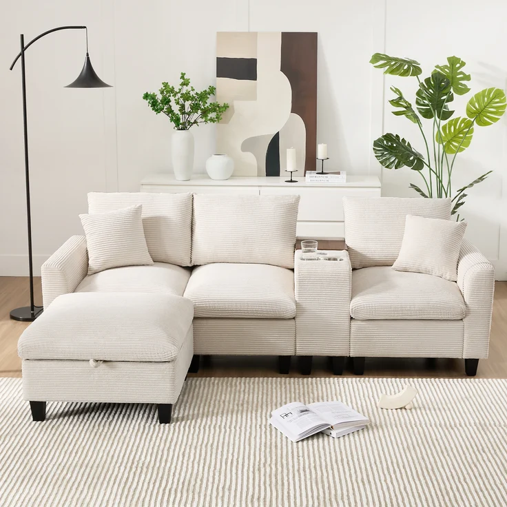 Ecksofa L-Form, umwandelbares Sofa mit Konsole Becherhaltern USB Ladeanschlüssen Armlehnen-Aufbewahrungstasche und Kissen für kleine Räume, Cordstoff, , – Bild 2