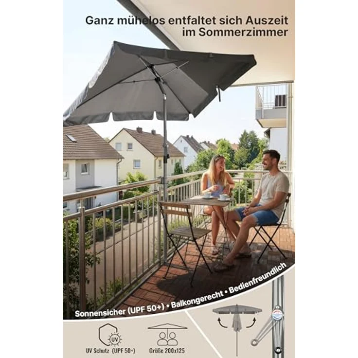 4smile SunnyShade Sonnenschirm Balkon Roma mit Schutzhülle, Anthrazit, Sonnenschirm rechteckig 200x125 cm, Sonnenschutz Balkon mit UV 50+, Balkonschirm mit Kurbel, knickbar und höhenverstellbar – Bild 2