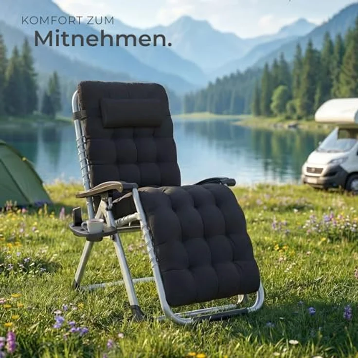 tectake® Sonnenliege klappbar, Liegestuhl, Gartenliege stufenlos verstellbar, Outdoor Sessel für Balkon oder Garten, Liege mit extra Dicker Auflage, Relaxliege belastbar bis 200kg (Schwarz) – Bild 3