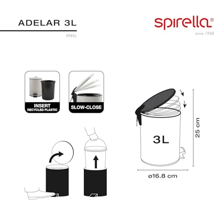 Spirella Adelar Treteimer – Mattstahl – Geräuschloser Schließmechanismus – Anti-Fingerabdruck-Beschichtung – Modernes und elegantes Design – Mattlavendel – 3 l – Bild 7