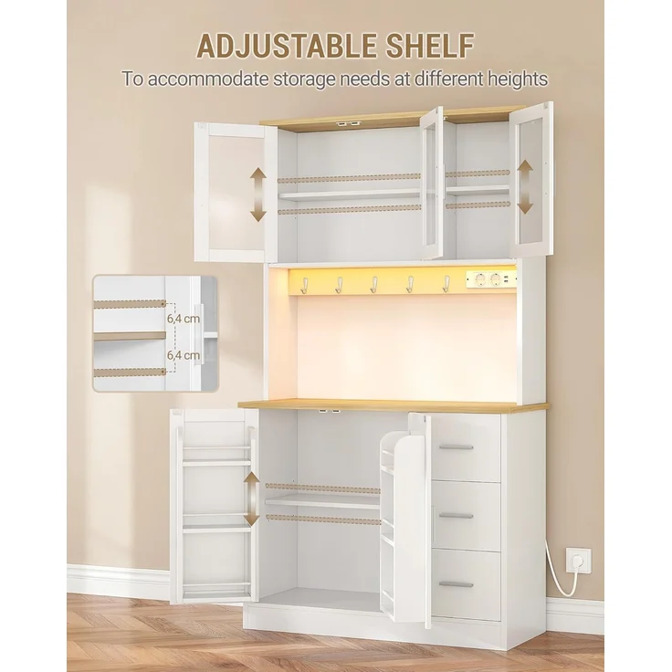 Hzuaneri Küchenschrank, mit 6-Stufigem Regal, 5 Schranktüren und 3 Schubladen, LED & Steckdosenleiste, Eiche-Weiß, 40 x 100 x 180 cm – Bild 7