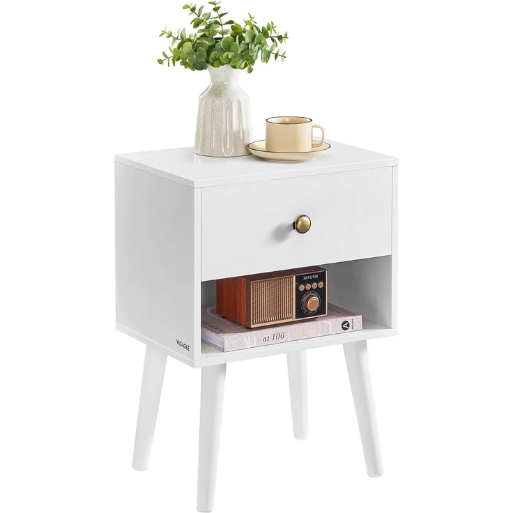 Vasagle Nachttisch, Beistelltisch mit Schublade und offener Ablage, Holzbeine, Couchtisch für Wohnzimmer, Schlafzimmer, Sofa, schneeweiß