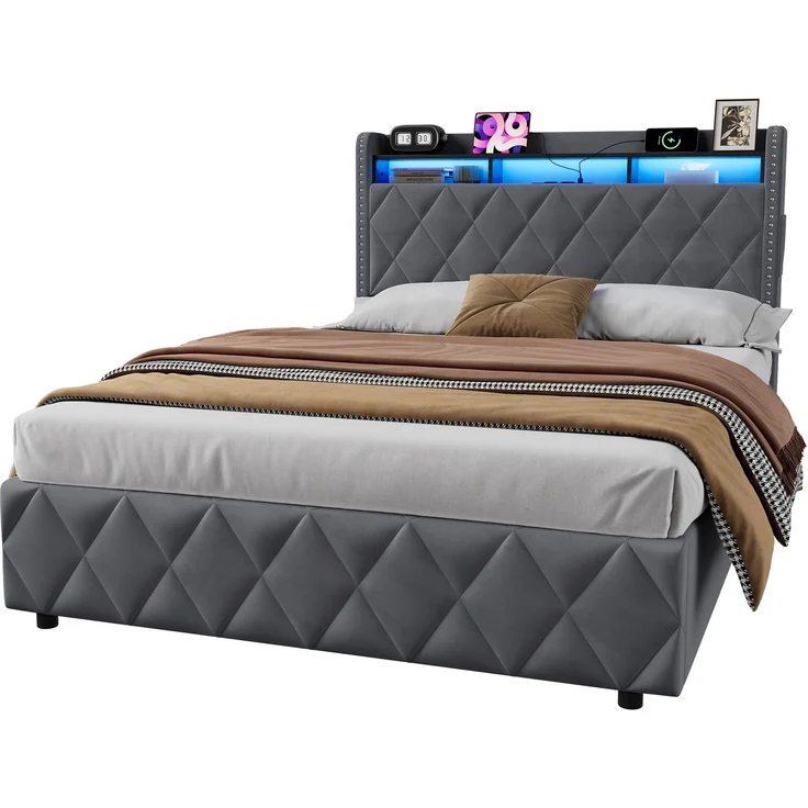 Polsterbett 140x200 cm mit Stauraum, LED und USB-Anschlüssen, Dunkelgrau – Ohne Matratze – Bild 7