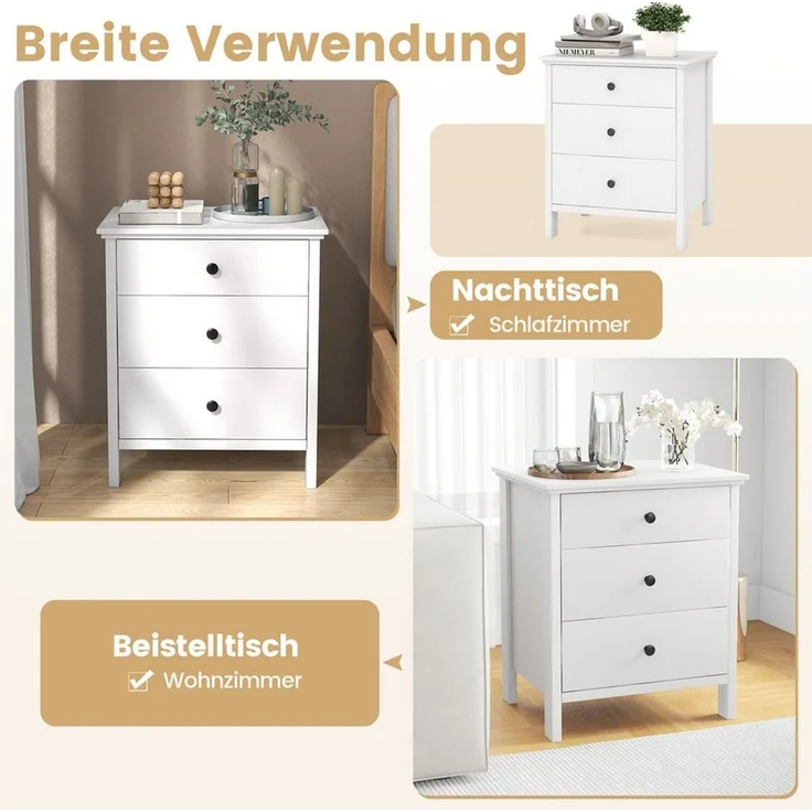 COSTWAY Nachttisch (1-St), Nachtkommode, mit 3 Schubladen, 56x45x66cm – Bild 3