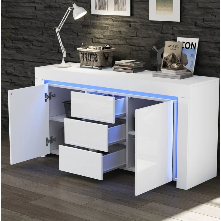DESVIAE Sideboard mit LED-Beleuchtung, 2 Türen und 3 Schubladen 140x65x40 cm MDF Weiß – Bild 3