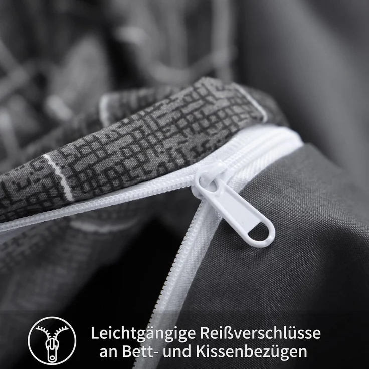 Bettwäsche Set 220x240 Anthrazit Gittermuster Mikrofaser Reißverschluss – Bild 5