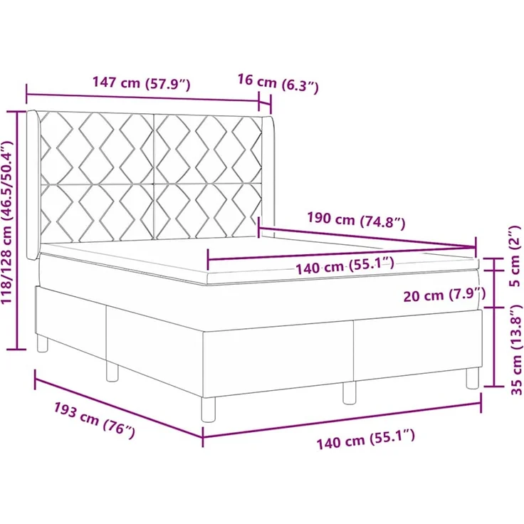 vidaXL Boxspringbett mit Kopfteil Creme 140 x 190 cm Stoff 3341894 – Bild 8