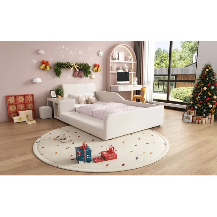 EINHOM Polsterbett, Einzelbett mit Kinderschreibtisch und Hocker, mit Ablageboden, Weiches Kopfteil, Kinderbett mit Holzlatten, Samt, 90 x 200 cm, Weiß, (Ohne Matratze) – Bild 5