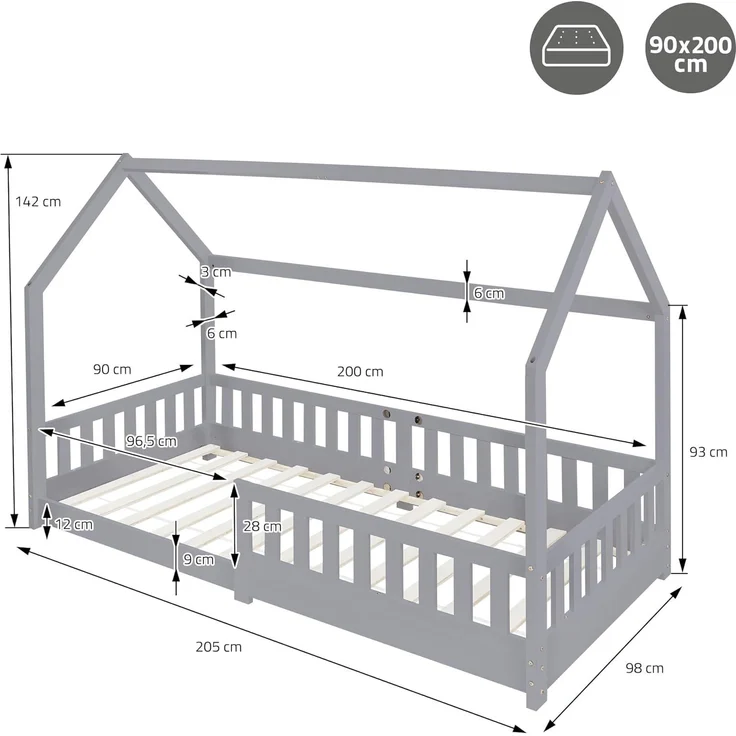 ML-DESIGN Kinderbett Hausbett Spielbett inkl. Lattenrost kreativ Bodenbett für Kinder, Abenteuerbett mit Rausfallschutz Spielbett Kiefer Hellgrau Himmelbett – Bild 2