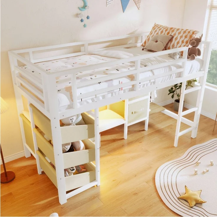 SOFTWEARY Hochbett LED-Beleuchtung und Stauraum (90x200 cm, mit Lattenrost, Schubladen, Leiter, Kleiderstange, Sitzbank) Kinderbett mit Rausfallschutz, Metallbett – Bild 2