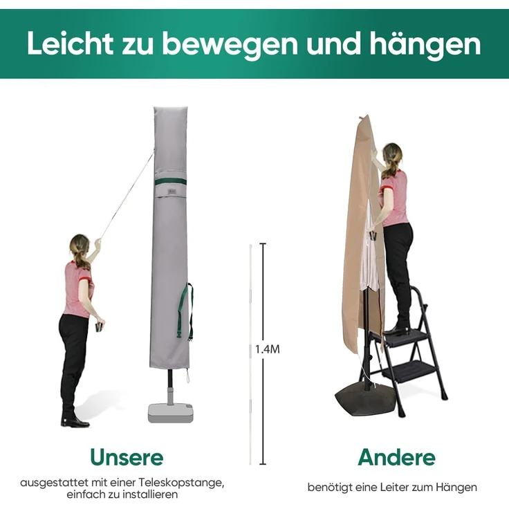 Sekey Sonnenschirm Schutzhülle mit Stab, Abdeckhauben für Ø 350cm / 200x300 cm Gartenschirm mit Belüftungsöffnungen, Abdeckung für Marktschirm / Balkonschirm, 100% Polyester, wasserdicht, Hellgrau – Bild 3