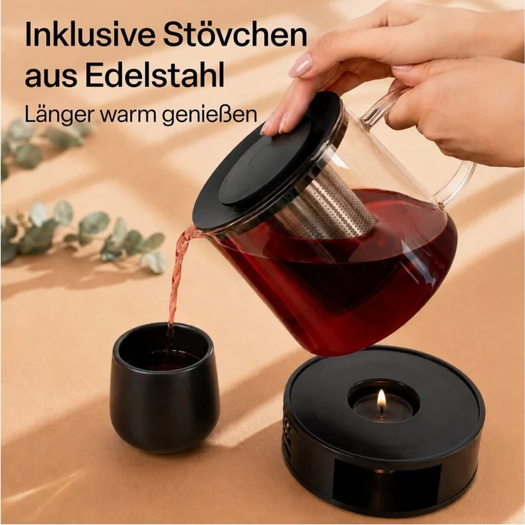 MiaMio Teekanne mit Stövchen und Siebeinsatz, 1,5 l, 1,5 l, (Set, 4-St, mit Stövchen), Borosilikatglas, mit Siebeinsatz – Bild 2