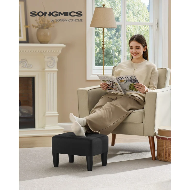 SONGMICS Sitzhocker, Fußhocker, Leinenimitat, Hocker, Dicke Polsterung, bis 150 kg belastbar, für Wohnzimmer Schlafzimmer Eingangsbereich, tintenschwarz – Bild 2