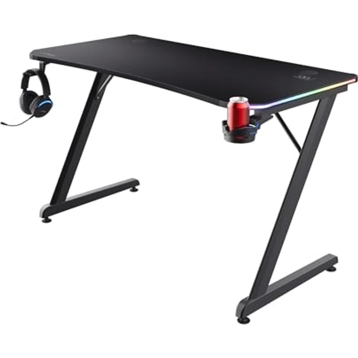 Trust Gaming GXT 709 Luminus RGB Gaming Tisch mit LED Beleuchtung, 10 Modi, USB-Betrieb, Gaming Schreibtisch mit Headset und Getränkehalter, Computertisch 120x60 für Büro, Gamer - Schwarz – Bild 2