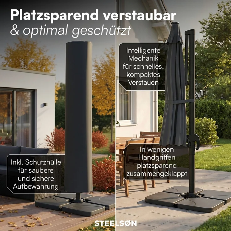 STEELSØN 'Lyrion' Sonnenschirm LED Solar 300x300 cm quadratisch, neigbar und 360-Grad drehbar, anthrazit, Ampelschirm inkl. Abdeckung, UV50+ – Bild 8