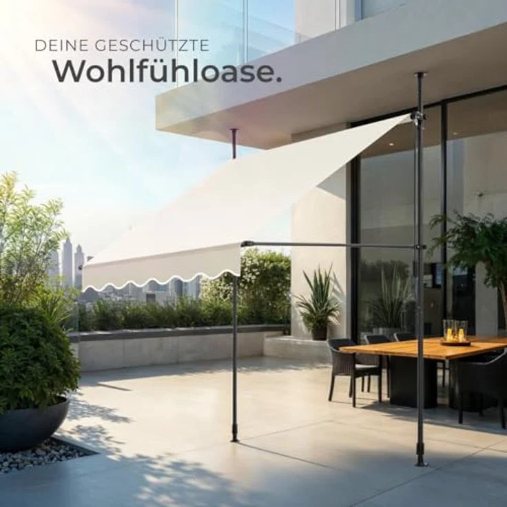 tectake® Klemmmarkise mit Handkurbel, Balkon Markise ohne Bohren, Markise höhenverstellbar, UV-beständig, wasserabweisend, Terrassenüberdachung, Sonnenschutz Terrasse & Balkon, Breite 150 cm - beige – Bild 8
