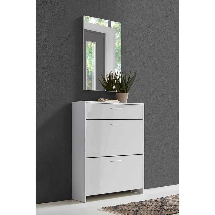 BMG Möbel Schuhkipper Palermo (Schuhschrank Schuhregal Garderobe, Made in Germany), Metallgriffe, weiß lackierte Hochglanzfronten – Bild 2