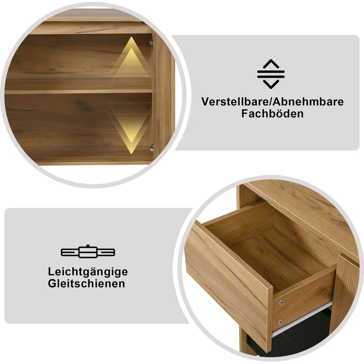 Merax Sideboard, Küchenschrank, Kommode mit 3 Schubladen und 2 Türen, Mehrfarbige LED-Lichteffekte, Buffetschrank für Wohnzimmer, Esszimmer, Holzfarbe&Schwarz – Bild 6