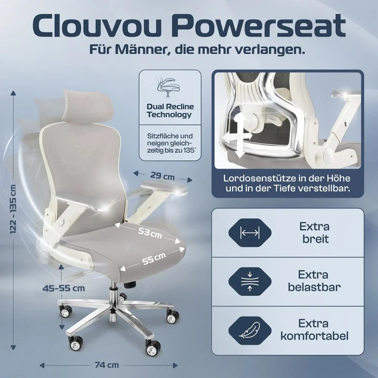 CLOUVOU PowerSeat, ergonomischer Bürostuhl, thermoregulative Materialien, 5D-Armlehnen, 3D-Kopfstütze, PhantomWheels, Creme-weiß – Bild 2