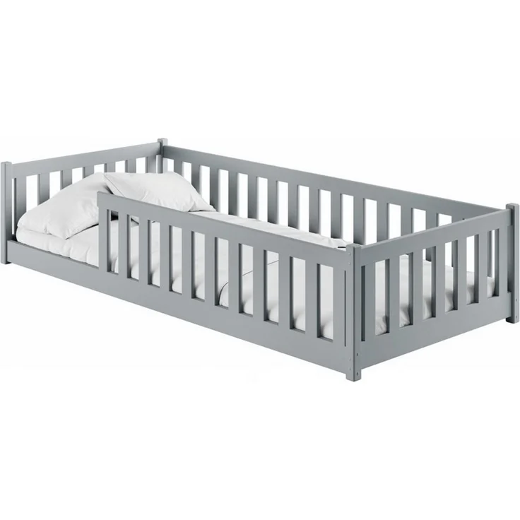 Kids Collective Kinderbett Bodenbett Bett mit Rausfallschutz & Lattenrost Montessori Bett Kinder (weitere Größen 80x160, 80x180, 90x200, 120x200, 140x200 cm), Jugendbett Einzelbett mit Matratze Aschgrau Kiefer 90x190 cm – Bild 2